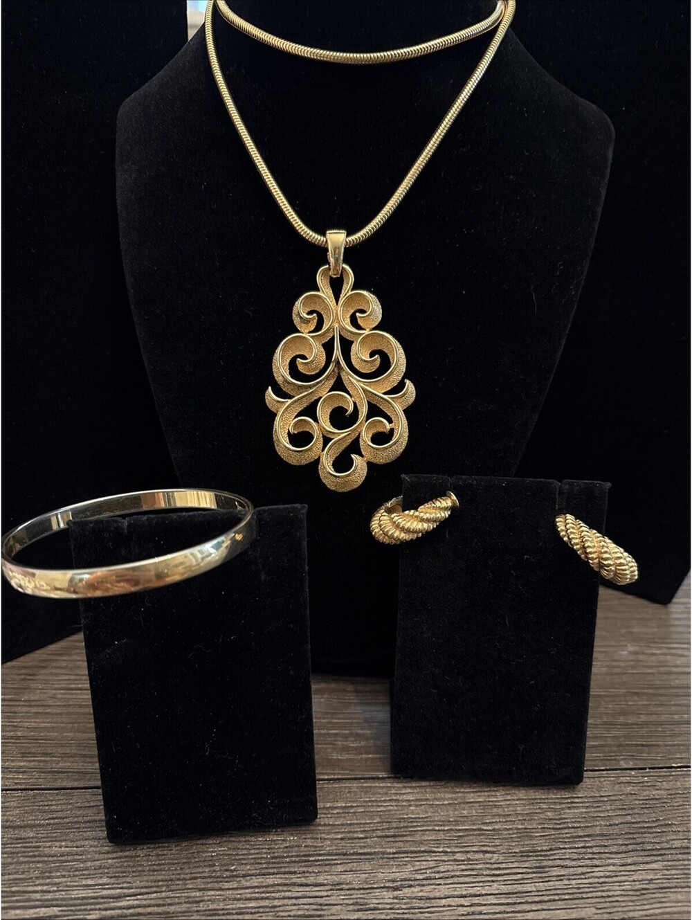 Beautiful Scroll Work Crown Trifari Necklace 24-28”Earrings,  Brangle Set